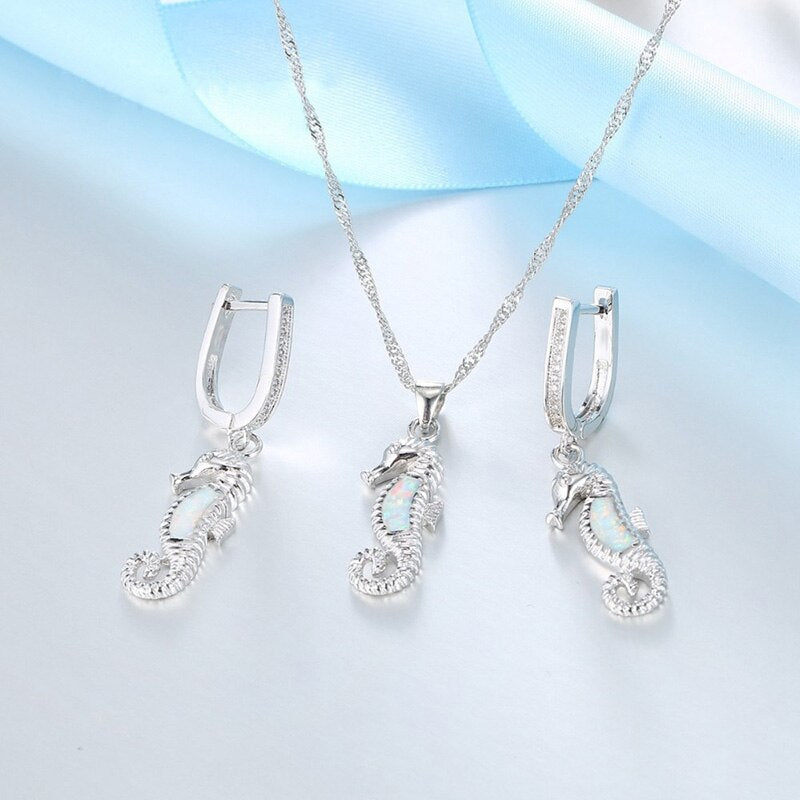 Cute Sea Horse Fire Opal Necklace & Earrings Classic Fashion Jewelry Set-Jewelry Sets-Innovato Design-Blue-Innovato Design