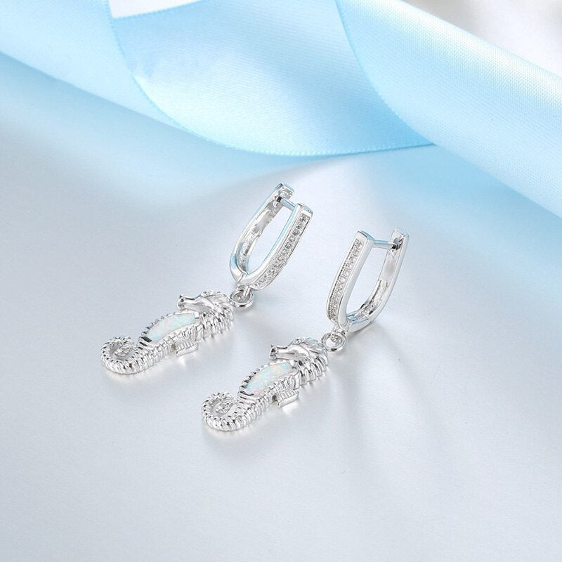 Cute Sea Horse Fire Opal Necklace & Earrings Classic Fashion Jewelry Set-Jewelry Sets-Innovato Design-Blue-Innovato Design