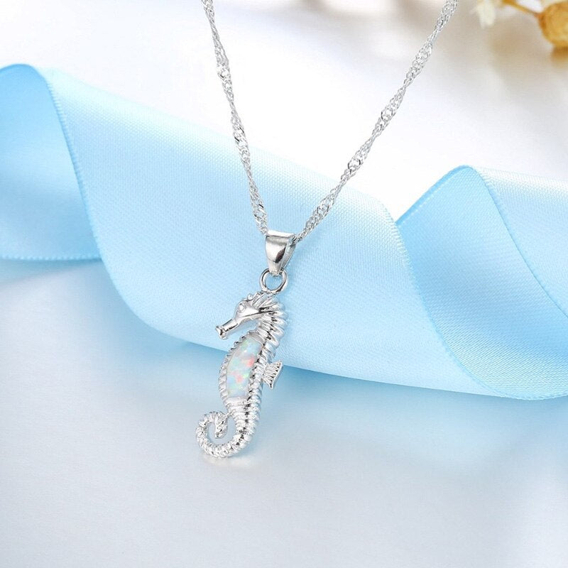 Cute Sea Horse Fire Opal Necklace & Earrings Classic Fashion Jewelry Set-Jewelry Sets-Innovato Design-Blue-Innovato Design