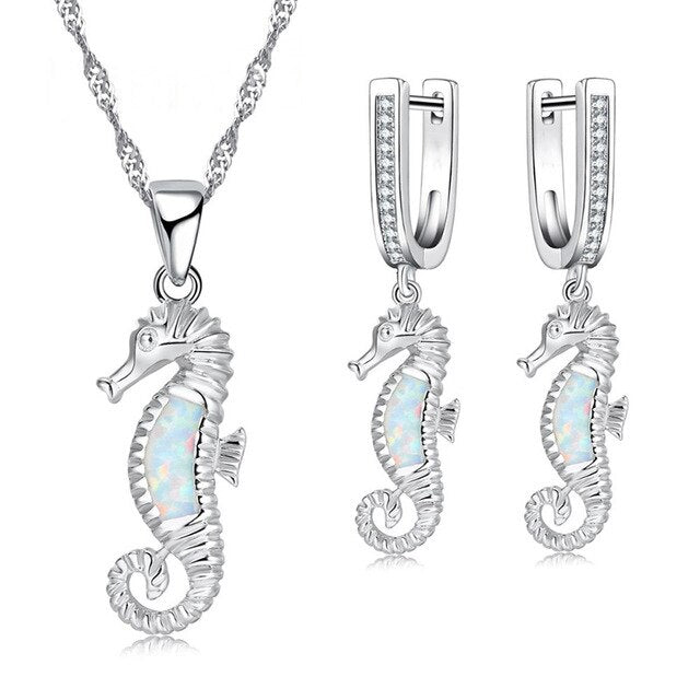 Cute Sea Horse Fire Opal Necklace & Earrings Classic Fashion Jewelry Set-Jewelry Sets-Innovato Design-White-Innovato Design