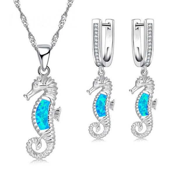 Cute Sea Horse Fire Opal Necklace & Earrings Classic Fashion Jewelry Set-Jewelry Sets-Innovato Design-Blue-Innovato Design