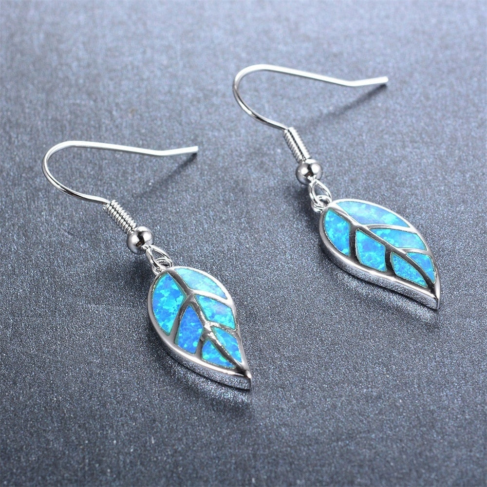 Elegant Leaves Fire Opal Necklace & Earrings Trendy Fashion Jewelry Set-Jewelry Sets-Innovato Design-Blue-Innovato Design