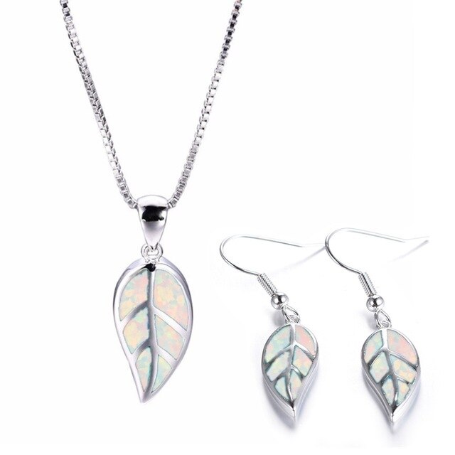 Elegant Leaves Fire Opal Necklace & Earrings Trendy Fashion Jewelry Set-Jewelry Sets-Innovato Design-White-Innovato Design