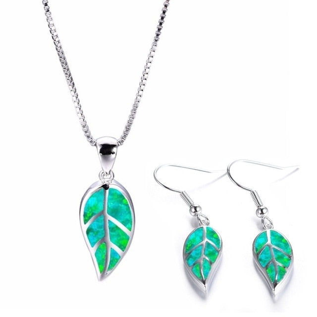 Elegant Leaves Fire Opal Necklace & Earrings Trendy Fashion Jewelry Set-Jewelry Sets-Innovato Design-Green-Innovato Design