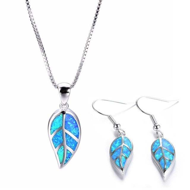 Elegant Leaves Fire Opal Necklace & Earrings Trendy Fashion Jewelry Set-Jewelry Sets-Innovato Design-Blue-Innovato Design