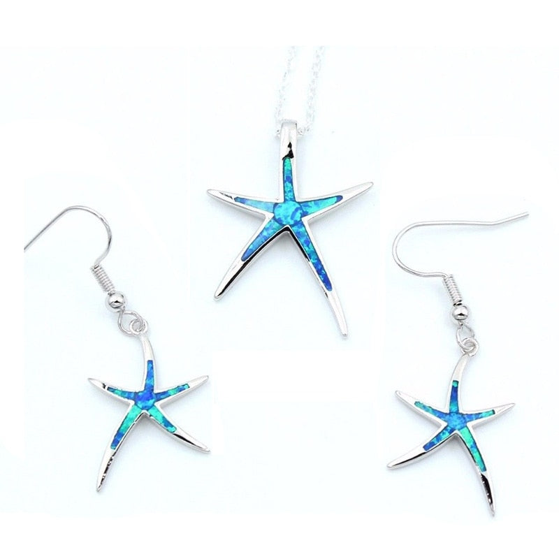 Classic Ocean Starfish Fire Opal Necklace & Earrings Trendy Wedding Jewelry Set-Jewelry Sets-Innovato Design-Blue-Innovato Design