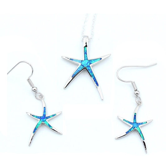 Classic Ocean Starfish Fire Opal Necklace & Earrings Trendy Wedding Jewelry Set-Jewelry Sets-Innovato Design-Blue-Innovato Design