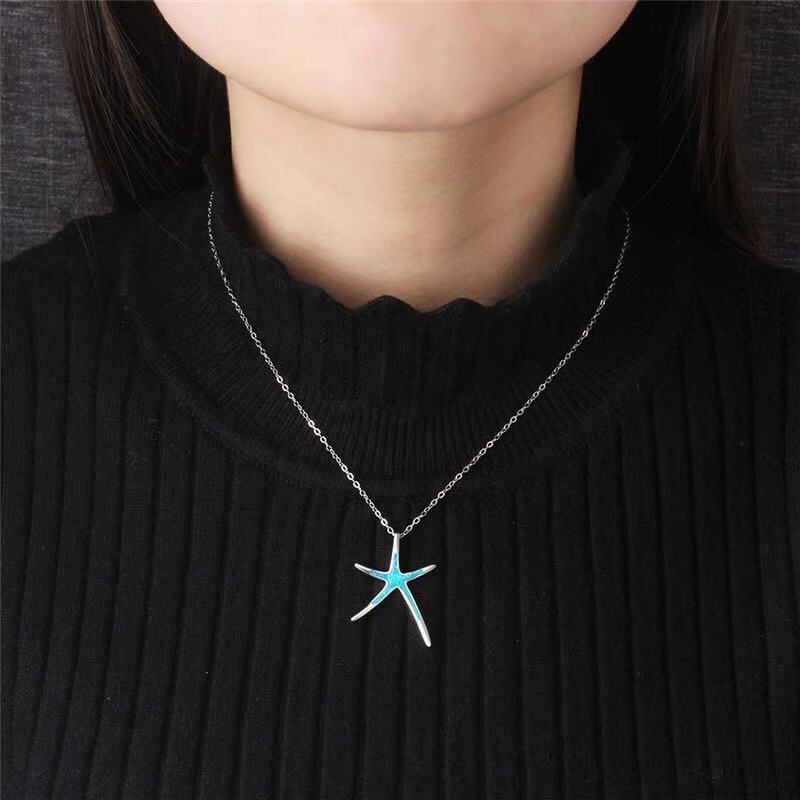 Classic Ocean Starfish Fire Opal Necklace & Earrings Trendy Wedding Jewelry Set-Jewelry Sets-Innovato Design-Blue-Innovato Design