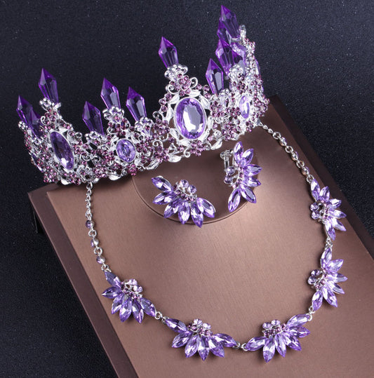 White/Purple Crystal Tiara, Necklace & Earrings Wedding Jewelry Set-Jewelry Sets-Innovato Design-Purple-Innovato Design