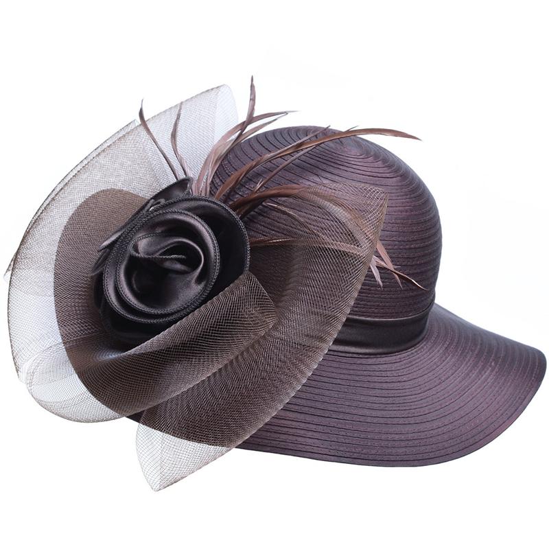 Floppy Wide Brim Floral Satin Sun Hat with Feathers-Hats-Innovato Design-Brown-Innovato Design