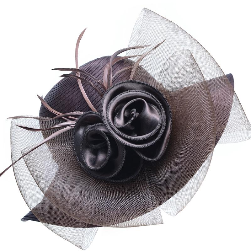 Floppy Wide Brim Floral Satin Sun Hat with Feathers-Hats-Innovato Design-Black-Innovato Design