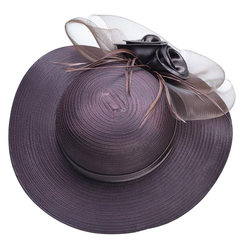 Floppy Wide Brim Floral Satin Sun Hat with Feathers-Hats-Innovato Design-Black-Innovato Design
