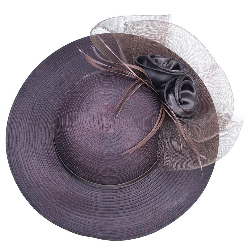 Floppy Wide Brim Floral Satin Sun Hat with Feathers-Hats-Innovato Design-Black-Innovato Design