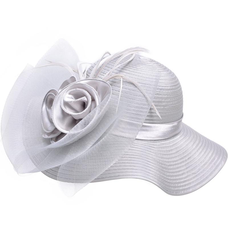 Floppy Wide Brim Floral Satin Sun Hat with Feathers-Hats-Innovato Design-Gray-Innovato Design