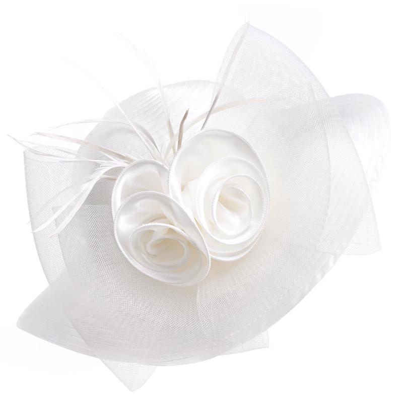 Floppy Wide Brim Floral Satin Sun Hat with Feathers-Hats-Innovato Design-White-Innovato Design