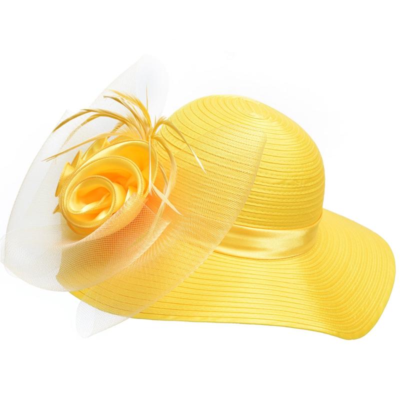 Floppy Wide Brim Floral Satin Sun Hat with Feathers-Hats-Innovato Design-Yellow-Innovato Design