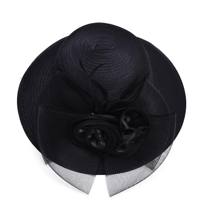 Floppy Wide Brim Floral Satin Sun Hat with Feathers-Hats-Innovato Design-Black-Innovato Design