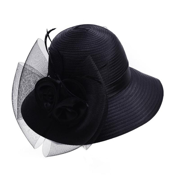 Floppy Wide Brim Floral Satin Sun Hat with Feathers