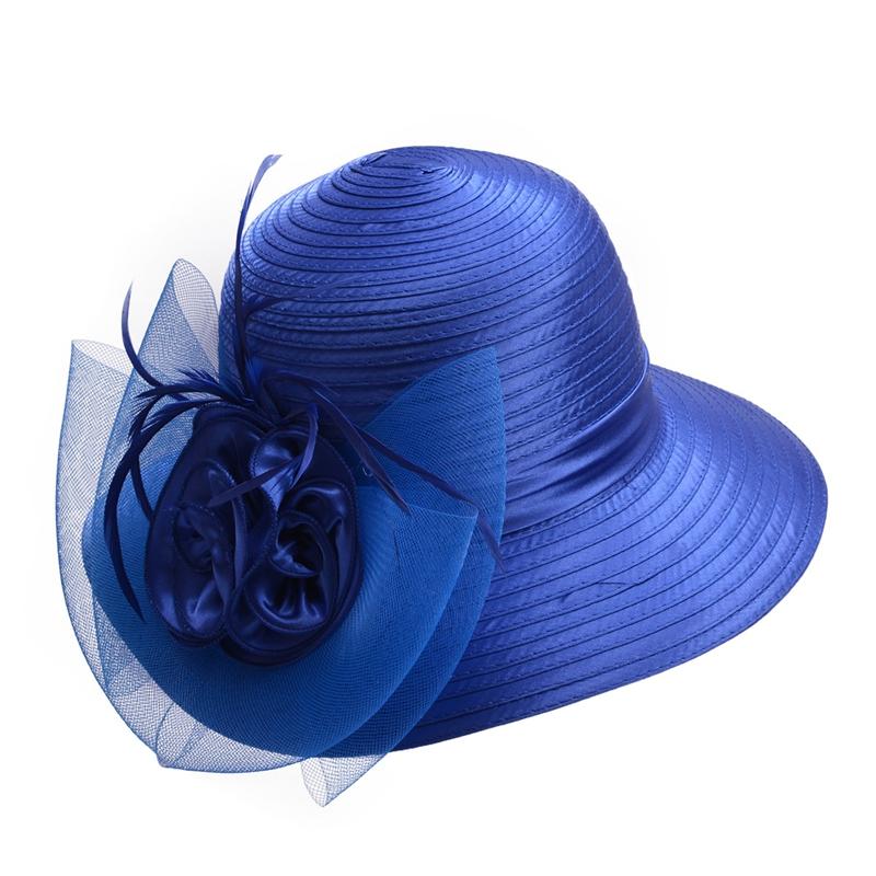 Floppy Wide Brim Floral Satin Sun Hat with Feathers-Hats-Innovato Design-Blue-Innovato Design