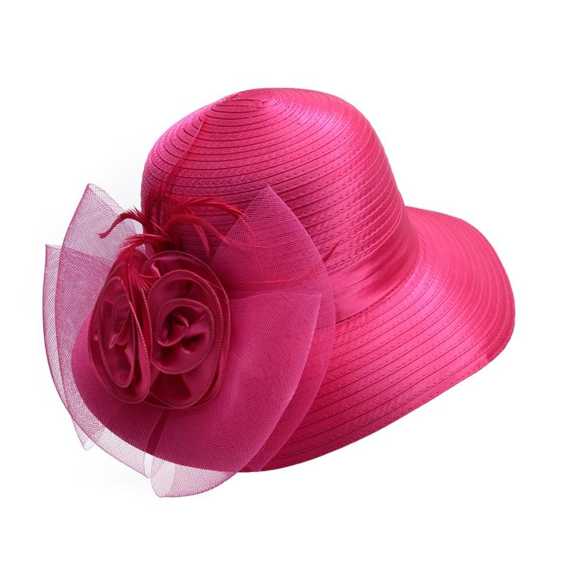 Floppy Wide Brim Floral Satin Sun Hat with Feathers-Hats-Innovato Design-Pink-Innovato Design