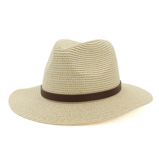 Vintage Straw Panama Hat with Leather Belt Bowknot