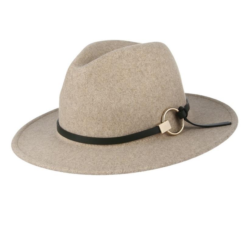 Wide Brim Wool Felt Fedora Hat with Buckled Black Leather Belt Hatband-Hats-Innovato Design-Beige-Innovato Design