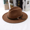 Wide Brim Wool Felt Fedora Hat with Buckled Black Leather Belt Hatband