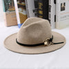 Wide Brim Wool Felt Fedora Hat with Buckled Black Leather Belt Hatband