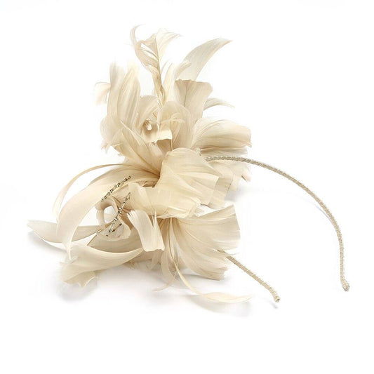Beige Headband Pillbox Fascinator Hat with Cupid Feathers-Hats-Innovato Design-Innovato Design