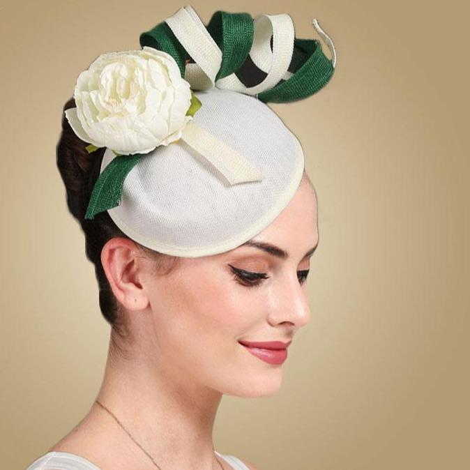 White Hair Clip Pillbox Fascinator Hat with Beige Flower-Hats-Innovato Design-Innovato Design