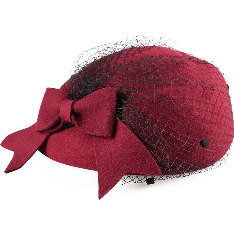 Wool Pillbox Fascinator Hat with Netted Veil and Bow-Hats-Innovato Design-Wine Red-Innovato Design
