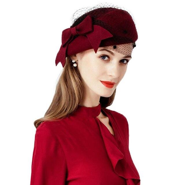 Wool Pillbox Fascinator Hat with Netted Veil and Bow-Hats-Innovato Design-Wine Red-Innovato Design
