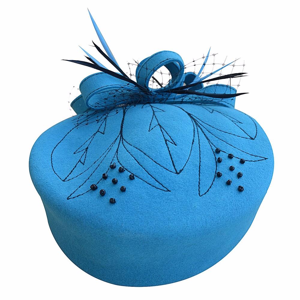 Wool Felt Pillbox Fascinator Hat with Netted Veil, Flower, Feathers and Beads-Hats-Innovato Design-Red-Innovato Design