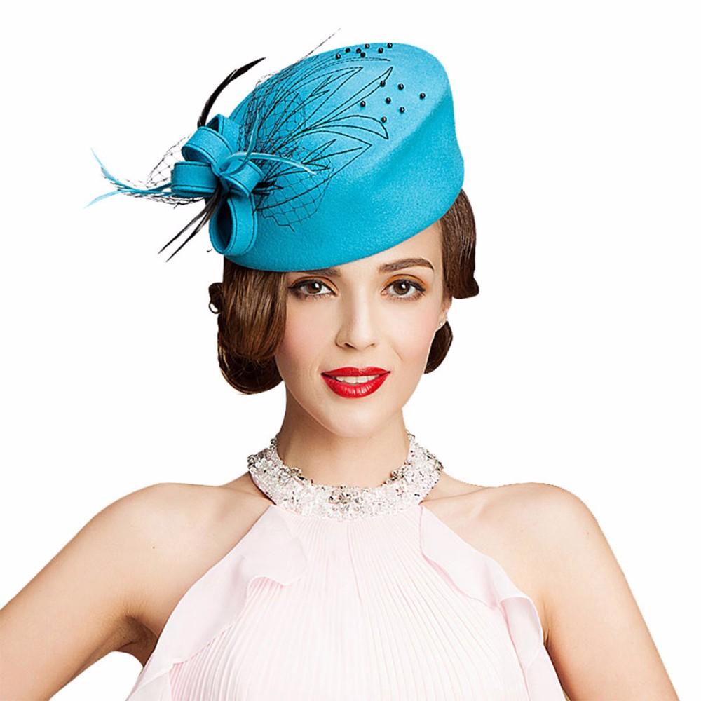 Wool Felt Pillbox Fascinator Hat with Netted Veil, Flower, Feathers and Beads-Hats-Innovato Design-Red-Innovato Design