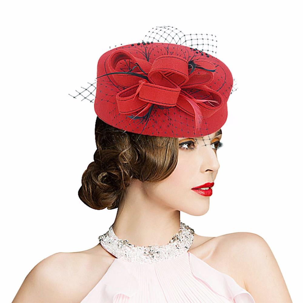 Wool Felt Pillbox Fascinator Hat with Netted Veil, Flower, Feathers and Beads-Hats-Innovato Design-Red-Innovato Design