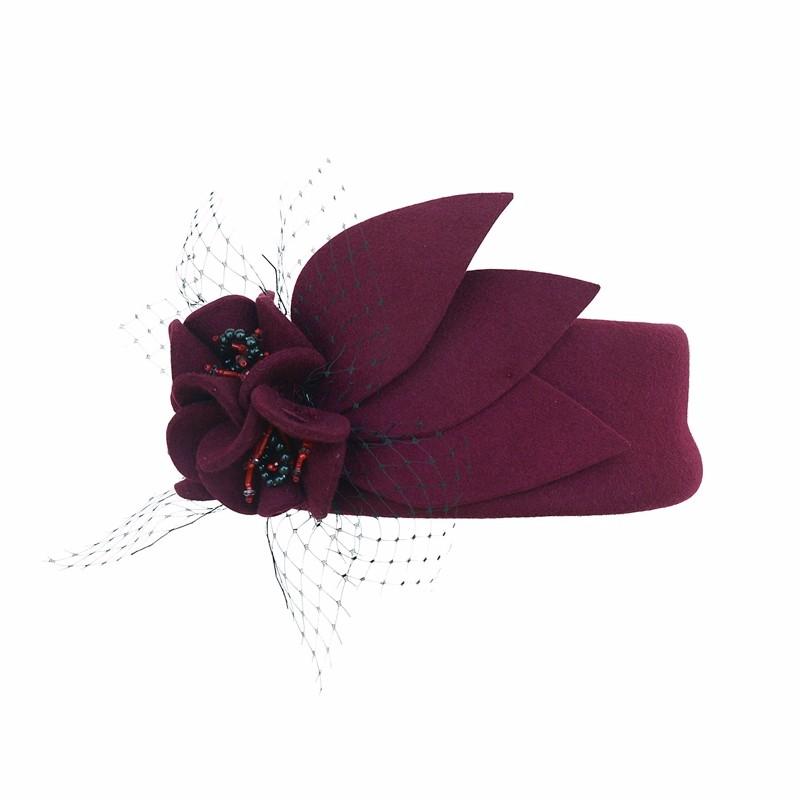 Flower Wool Pillbox Fascinator Hat with Netted Veil-Hats-Innovato Design-Innovato Design