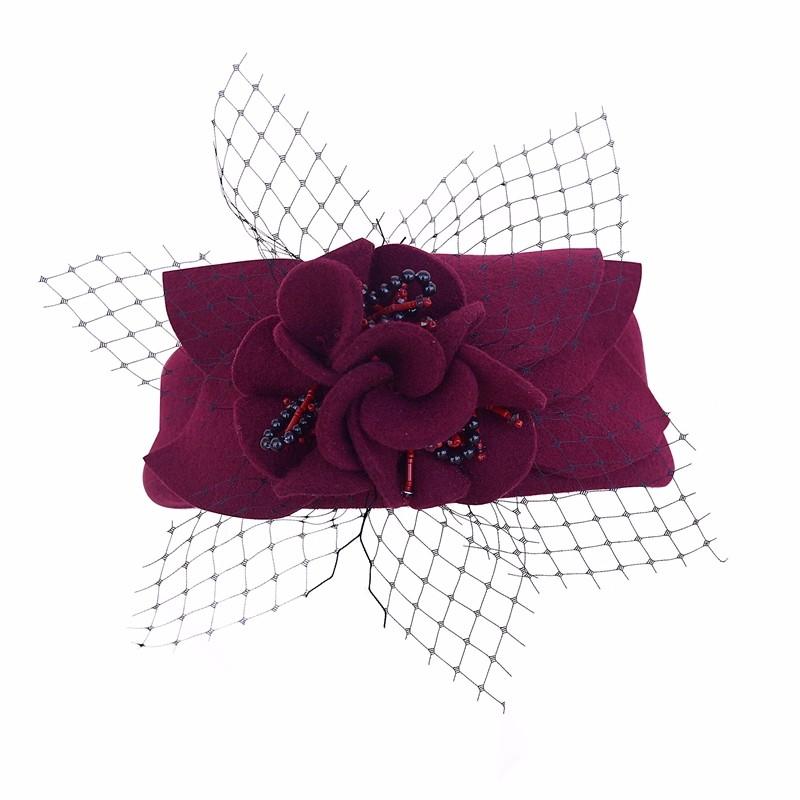 Flower Wool Pillbox Fascinator Hat with Netted Veil-Hats-Innovato Design-Innovato Design
