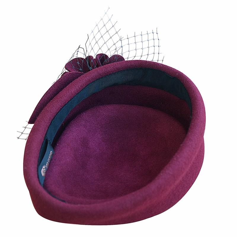 Flower Wool Pillbox Fascinator Hat with Netted Veil-Hats-Innovato Design-Innovato Design