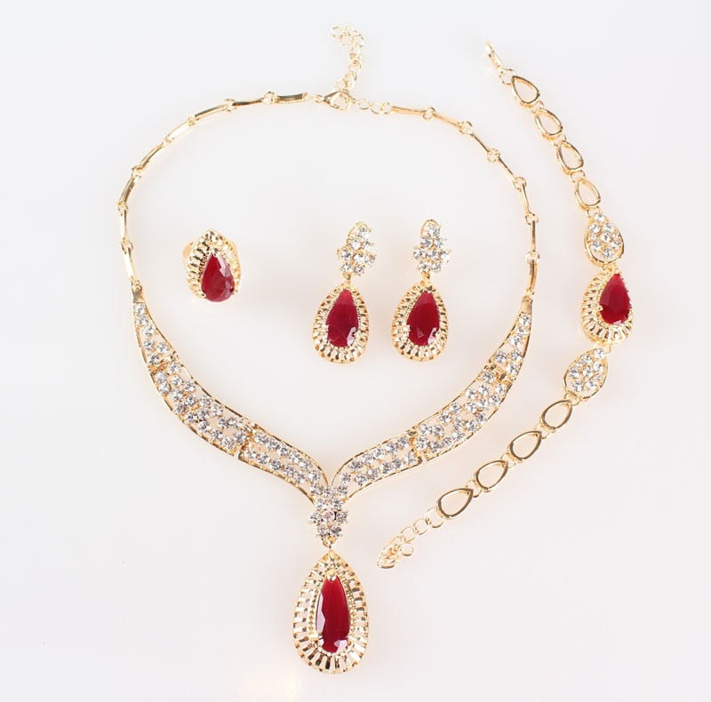 Water Drop Crystal & Rhinestone Necklace, Bracelet, Earrings & Ring Wedding Statement Jewelry Set-Jewelry Sets-Innovato Design-Red-Innovato Design