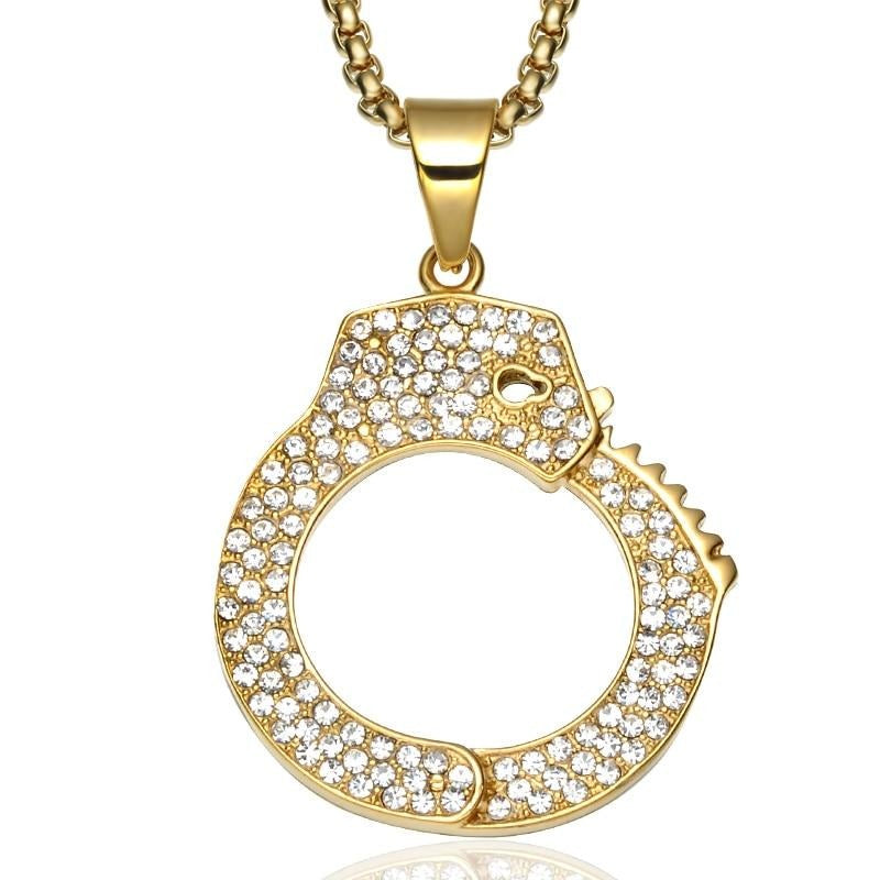Gemstone-Studded Gold-Plated Handcuff Bling Stainless Steel Hip-hop Pendant Necklace-Necklaces-Innovato Design-Innovato Design