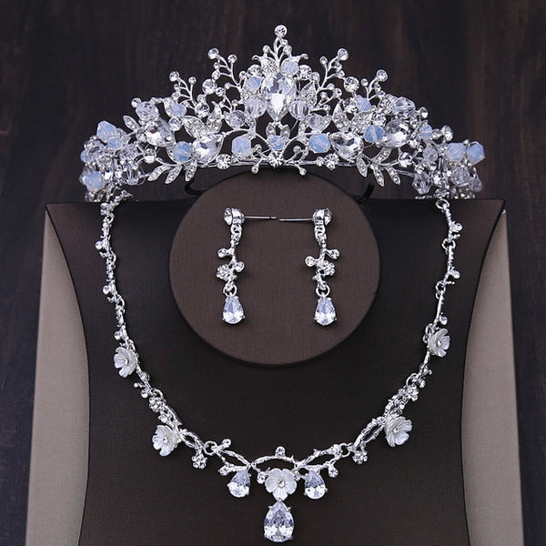 Baroque Handmade Crystal Beads and Rhinestone Tiara, Necklace & Earrings Wedding Jewelry Set-Jewelry Sets-Innovato Design-Innovato Design