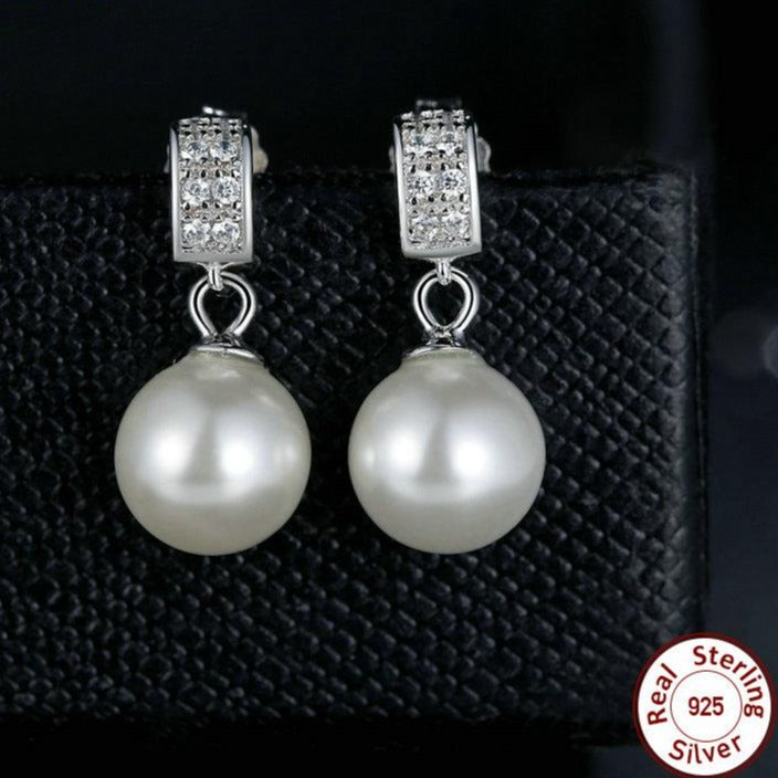 Pearl and Cubic Zirconia 925 Sterling Silver Drop Earrings-Earrings-Innovato Design-Innovato Design