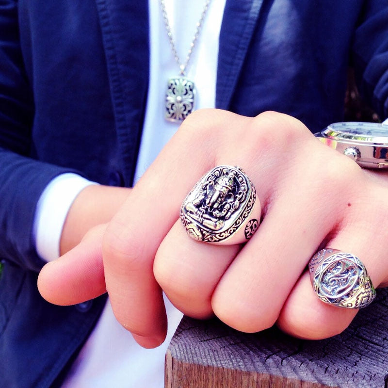 Elephant Buddha 925 Sterling Silver Vintage Punk Ring-Rings-Innovato Design-6-Innovato Design