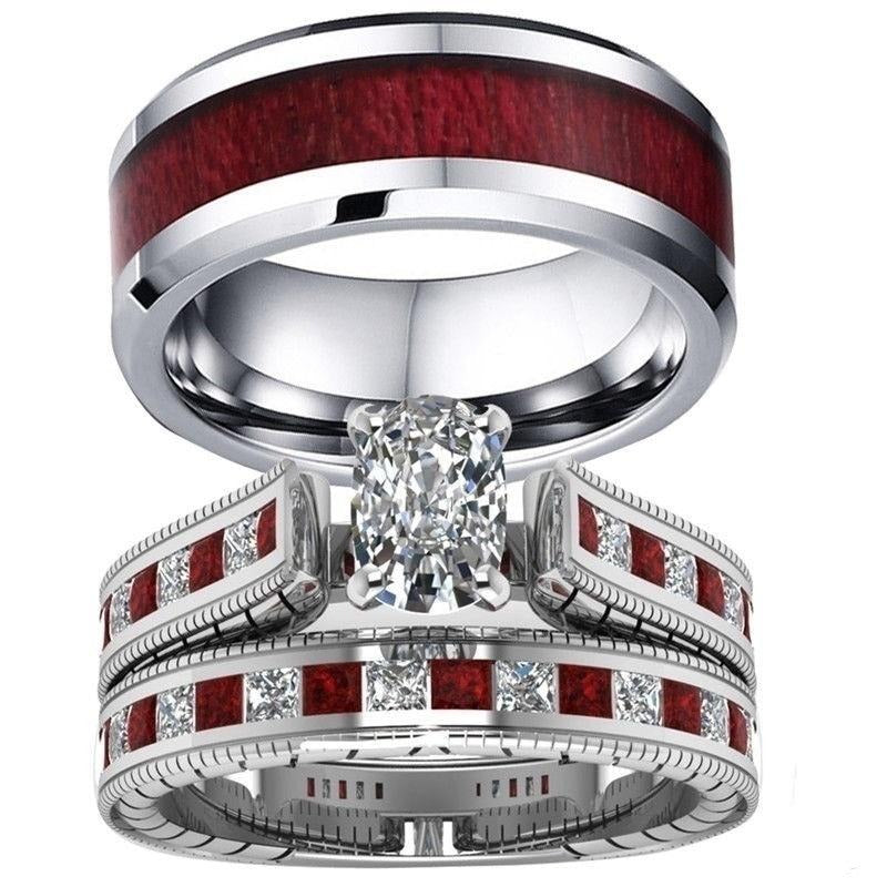 Red Koa Wood and Crystal Rhinestone Stainless Steel Wedding Ring Set-Couple Rings-Innovato Design-5-5-Innovato Design