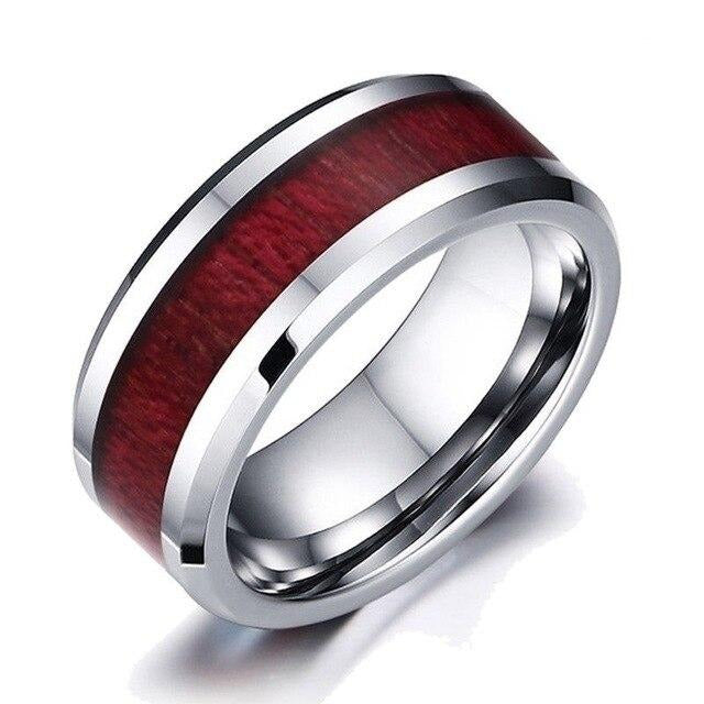 Red Koa Wood and Crystal Rhinestone Stainless Steel Wedding Ring Set-Couple Rings-Innovato Design-5-5-Innovato Design