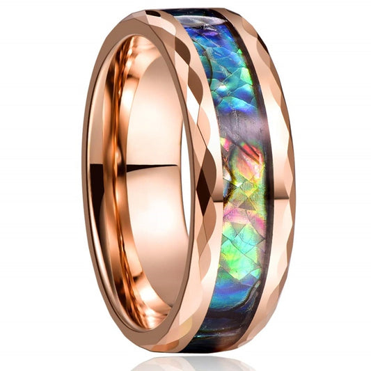 8mm Abalone Shell Inlay Multi-Faceted Stainless Steel Wedding Band
