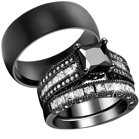 Rhinestone & Cubic Zirconia and Black Stainless Steel His & Hers Matching Rings-Couple Rings-Innovato Design-6-5-Innovato Design