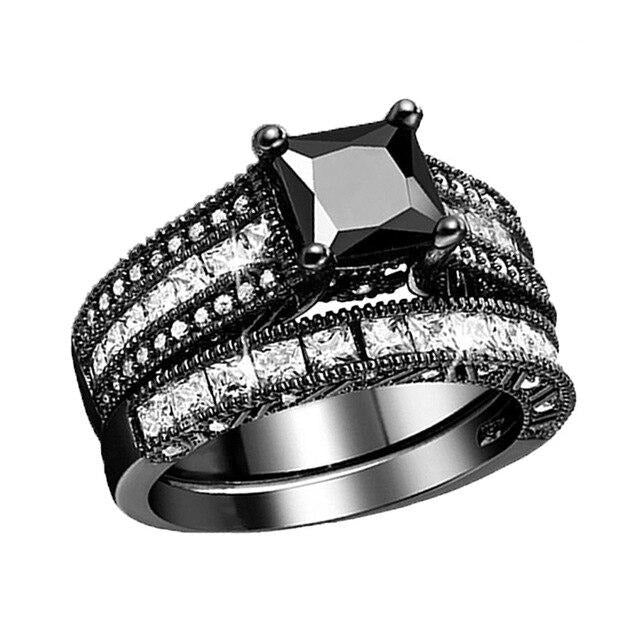 Rhinestone & Cubic Zirconia and Black Stainless Steel His & Hers Matching Rings-Couple Rings-Innovato Design-6-5-Innovato Design