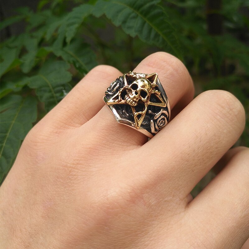 Gothic Gold-Plated Skull Star 925 Sterling Silver Vintage Punk Biker Ring-Rings-Innovato Design-7-Innovato Design