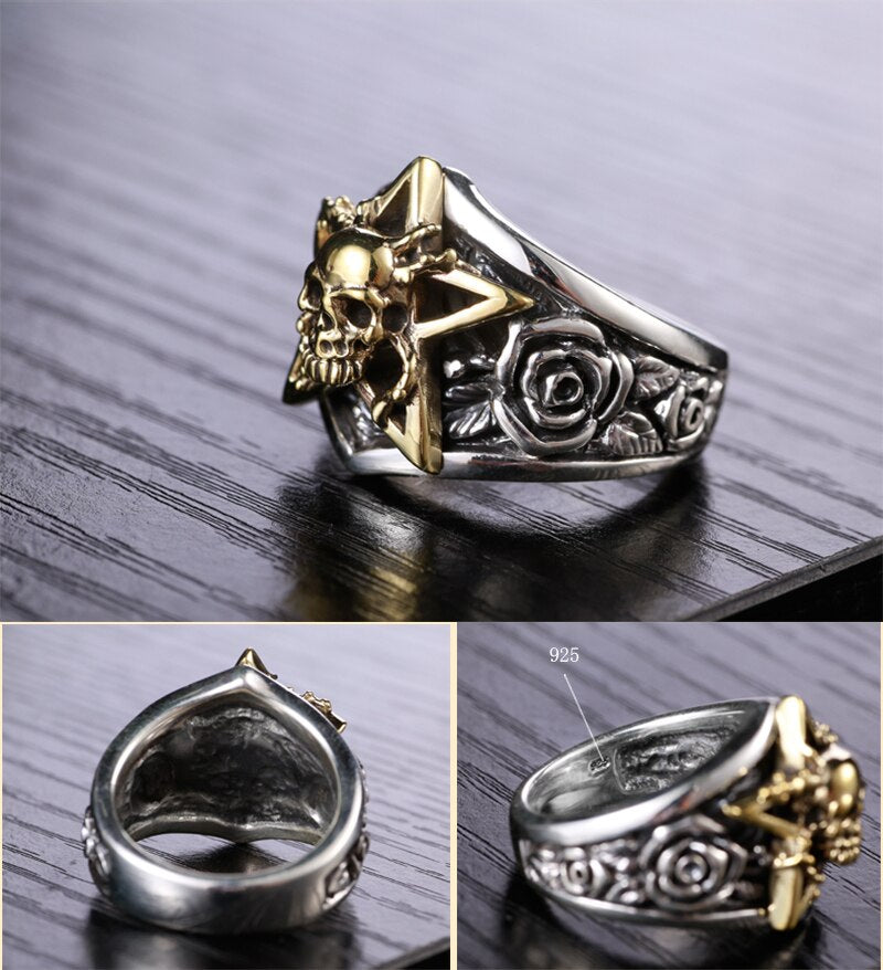 Gothic Gold-Plated Skull Star 925 Sterling Silver Vintage Punk Biker Ring-Rings-Innovato Design-7-Innovato Design